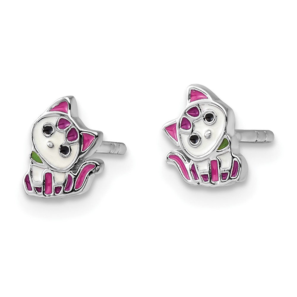 Rhodium-plated Sterling Silver Enamel Kitty Children's Post Earrings