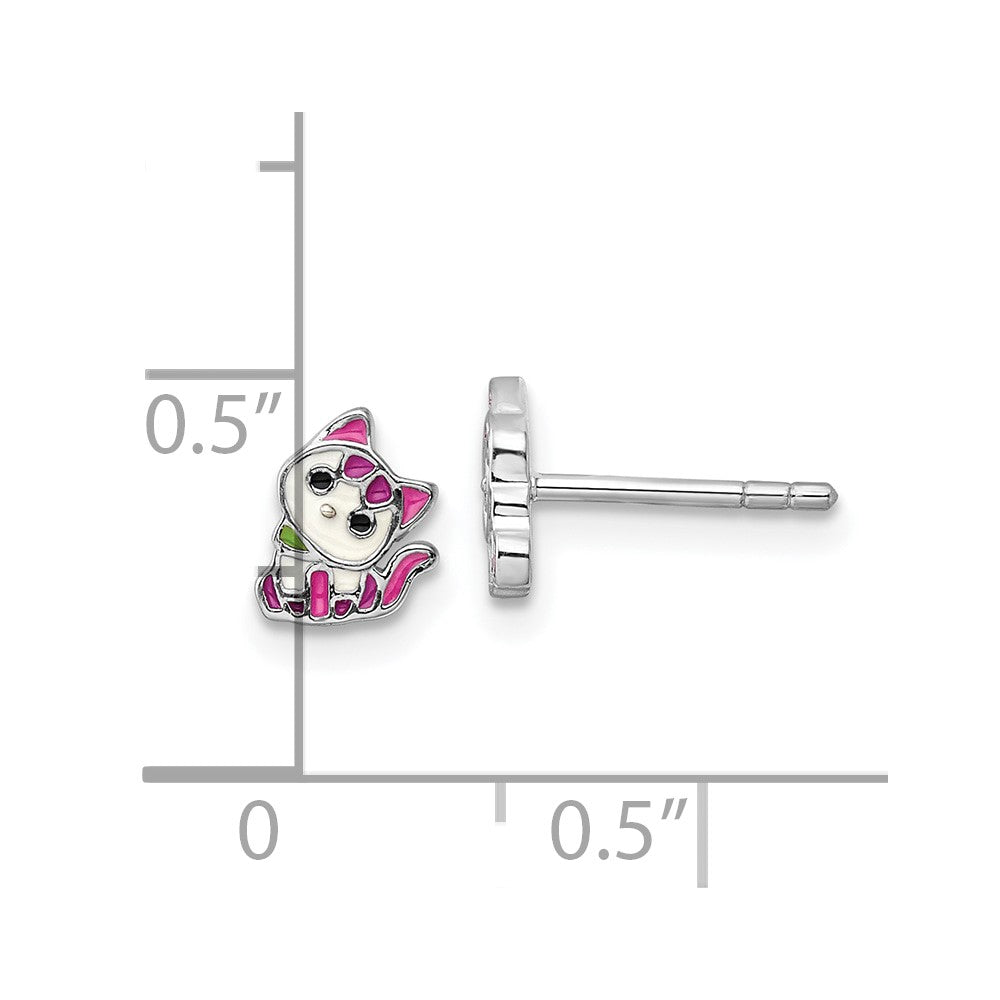 Rhodium-plated Sterling Silver Enamel Kitty Children's Post Earrings