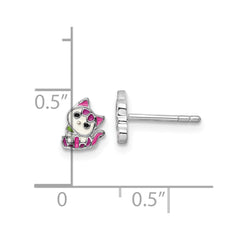 Rhodium-plated Sterling Silver Enamel Kitty Children's Post Earrings