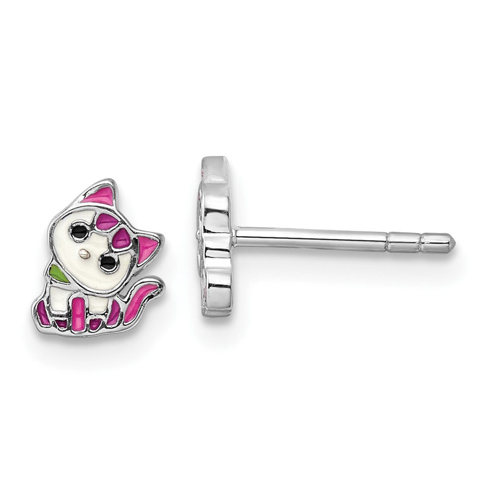 Rhodium-plated Sterling Silver Enamel Kitty Children's Post Earrings