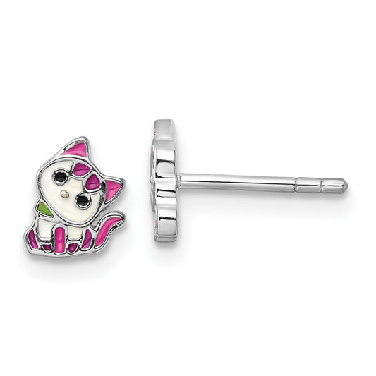 Rhodium-plated Sterling Silver Enamel Kitty Children's Post Earrings