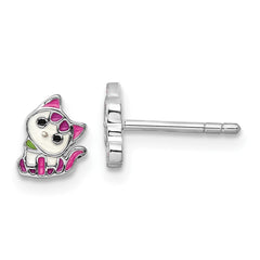 Rhodium-plated Sterling Silver Enamel Kitty Children's Post Earrings