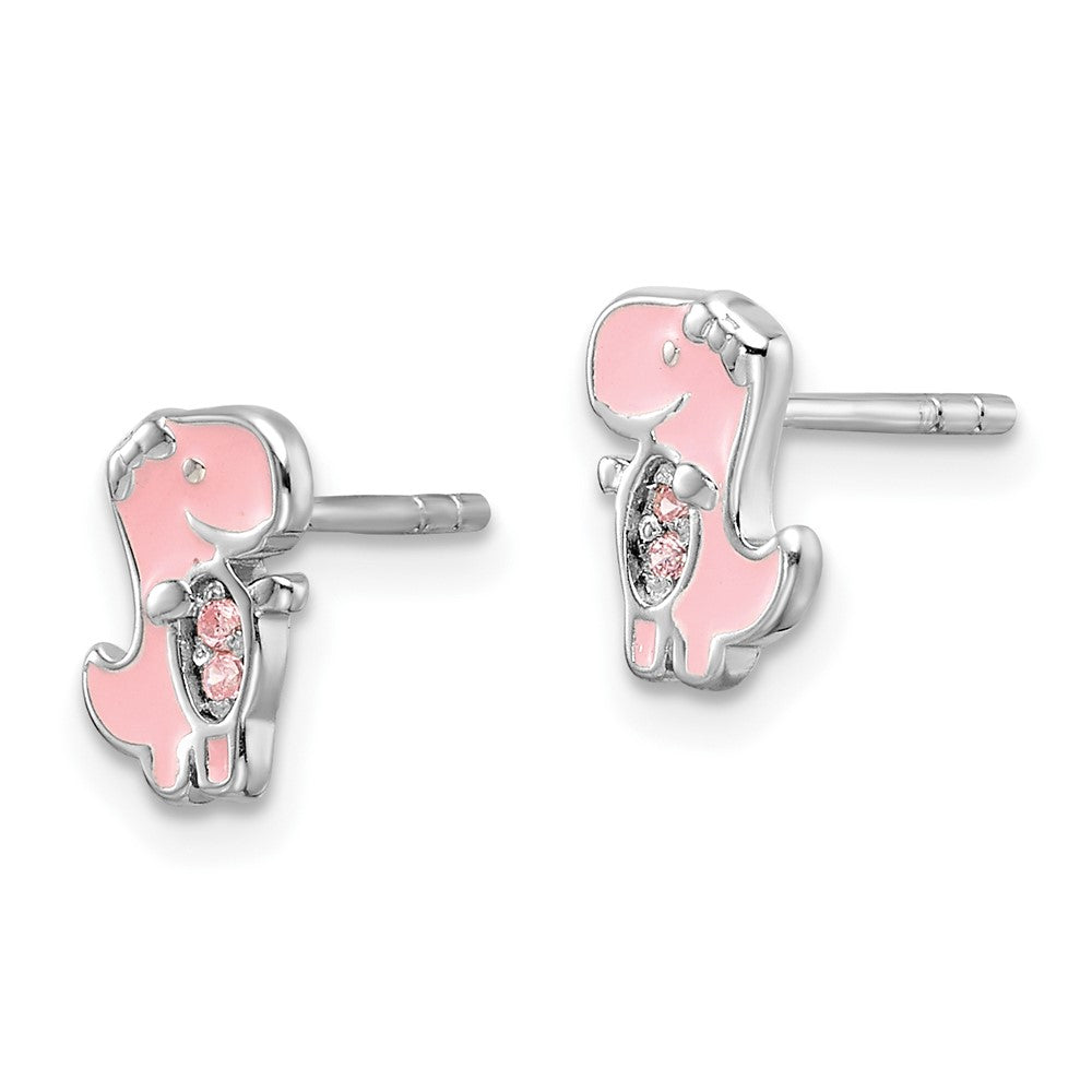 Rhodium-plated Sterling Silver CZ Enamel Dinosaur Children's Post Earrings