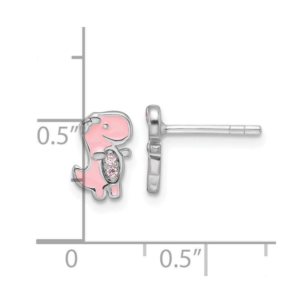 Rhodium-plated Sterling Silver CZ Enamel Dinosaur Children's Post Earrings