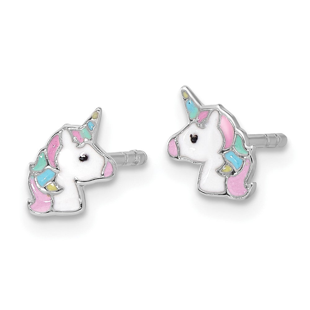 Rhodium-plated Sterling Silver Children's Enamel Unicorn Earrings