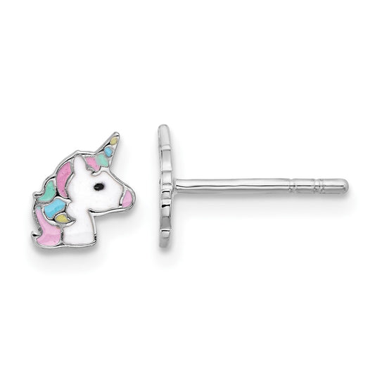 Rhodium-plated Sterling Silver Children's Enamel Unicorn Earrings