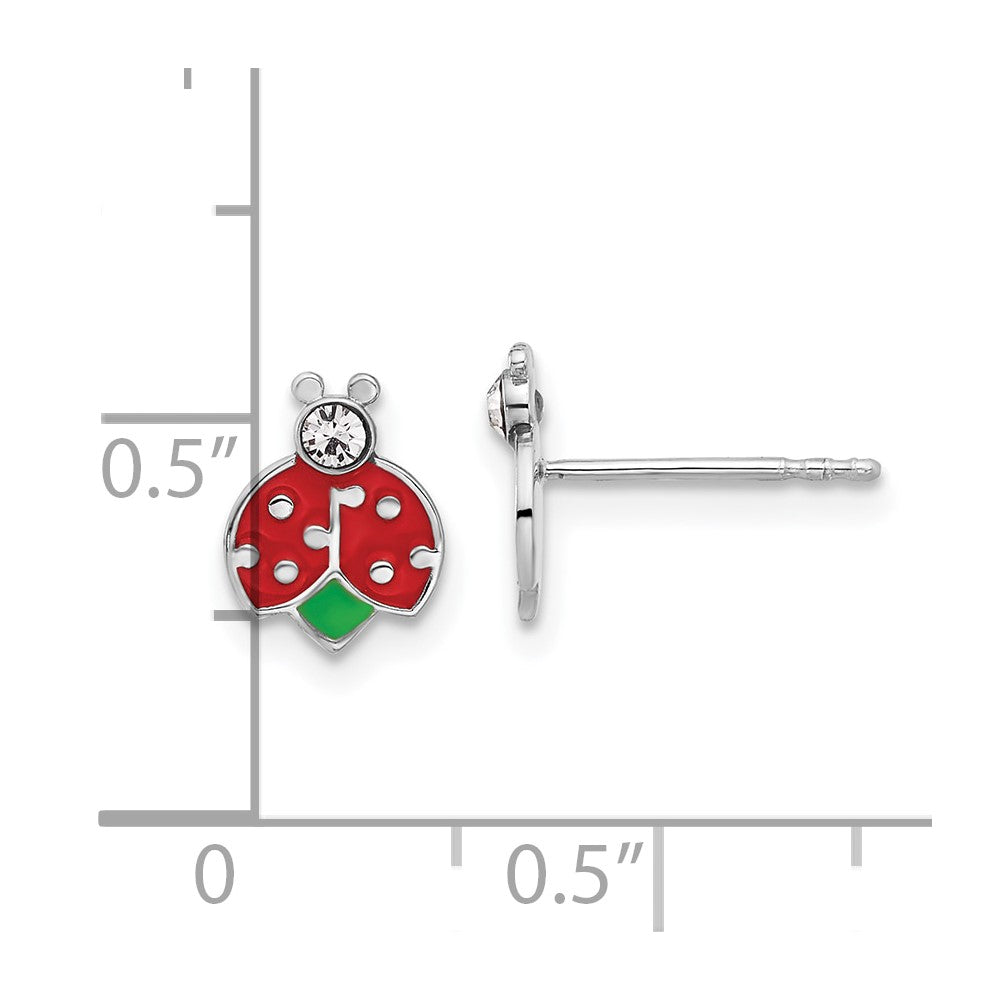Rhodium-plated Sterling Silver Children's Enamel Crystal Lady Bug Post Earrings