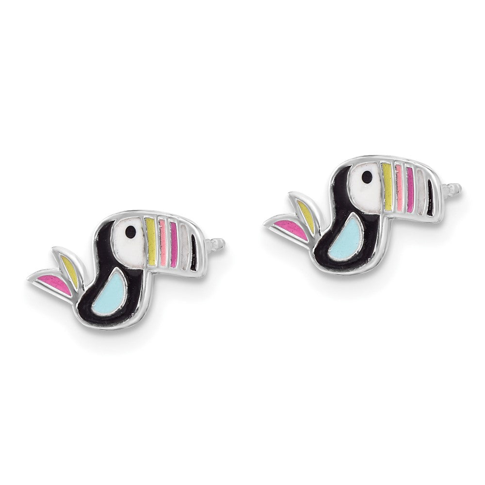 Rhodium-plated Sterling Silver Children's Enamel Toucan Bird Post Earrings