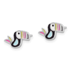 Rhodium-plated Sterling Silver Children's Enamel Toucan Bird Post Earrings