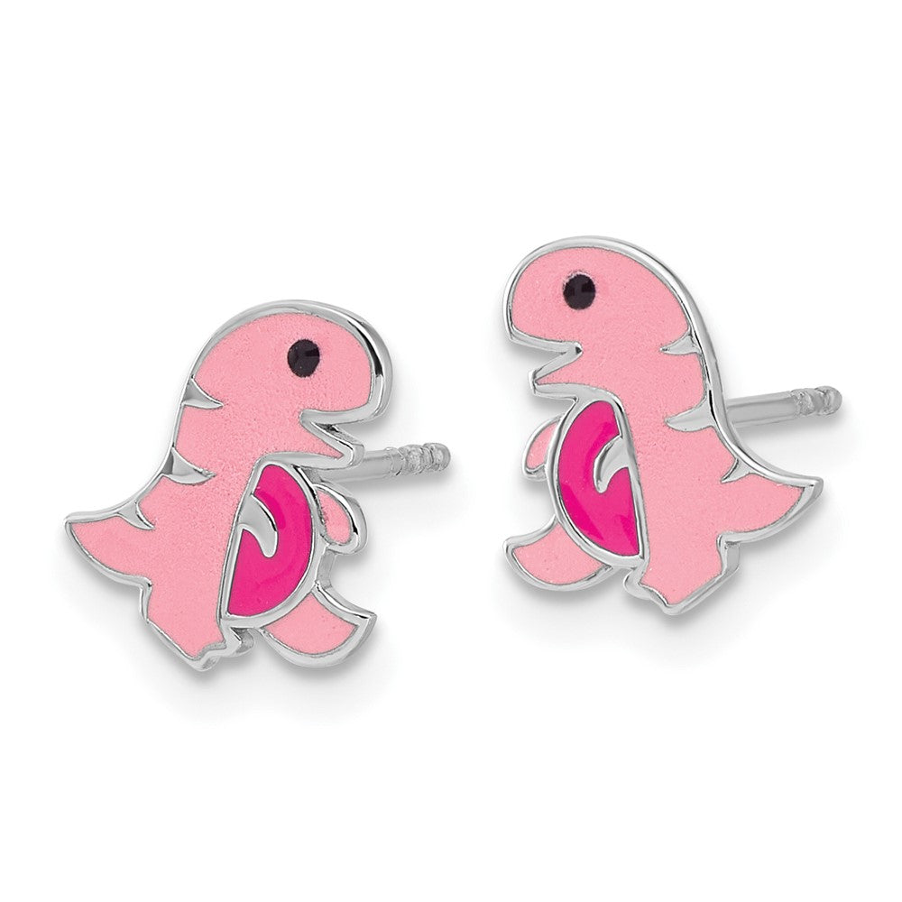 Rhodium-plated Sterling Silver Children's Enamel Dinosaur Post Earrings