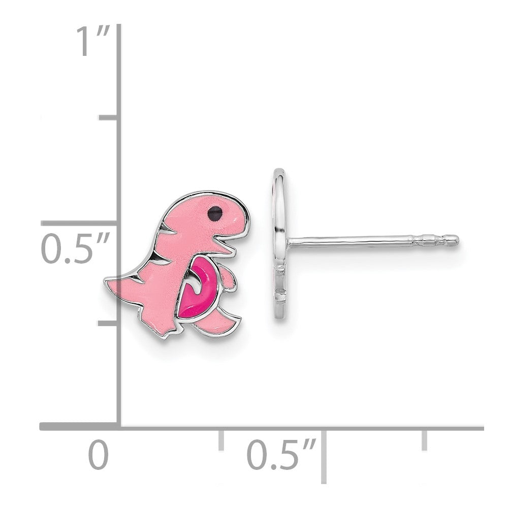 Rhodium-plated Sterling Silver Children's Enamel Dinosaur Post Earrings