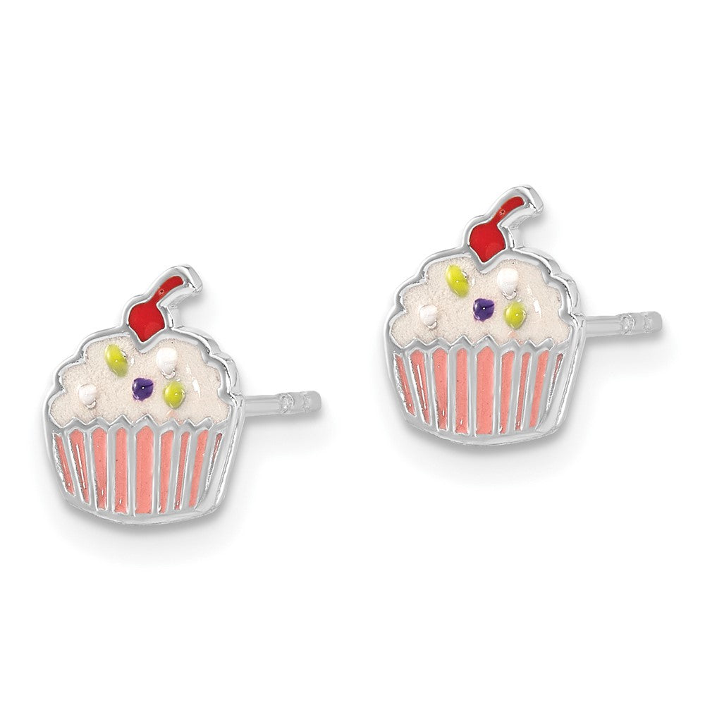 Rhodium-plated Sterling Silver Children's Enamel Cupcake Post Earrings