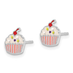 Rhodium-plated Sterling Silver Children's Enamel Cupcake Post Earrings