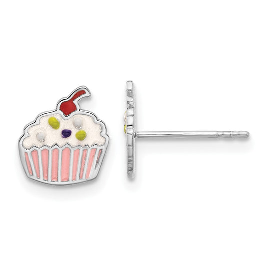Rhodium-plated Sterling Silver Children's Enamel Cupcake Post Earrings