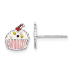 Rhodium-plated Sterling Silver Children's Enamel Cupcake Post Earrings