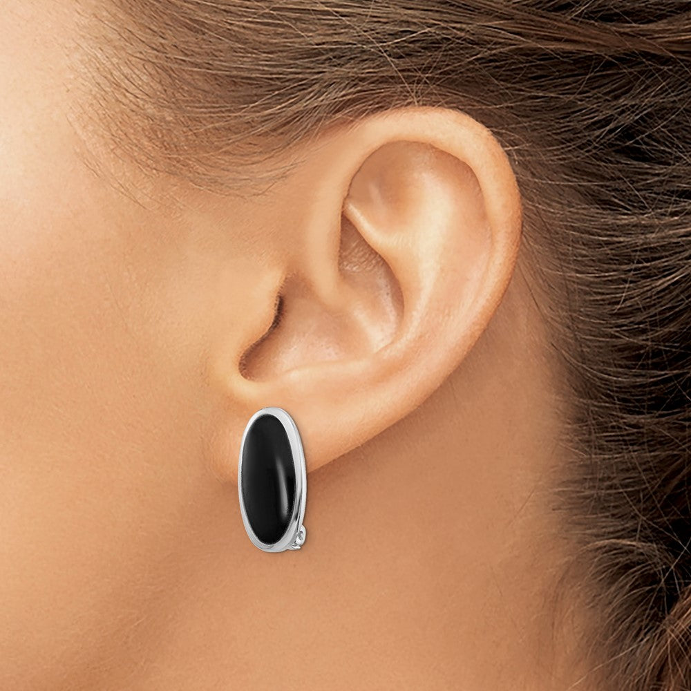 Rhodium-plated Sterling Silver Oval Onyx Non-pierced Earrings