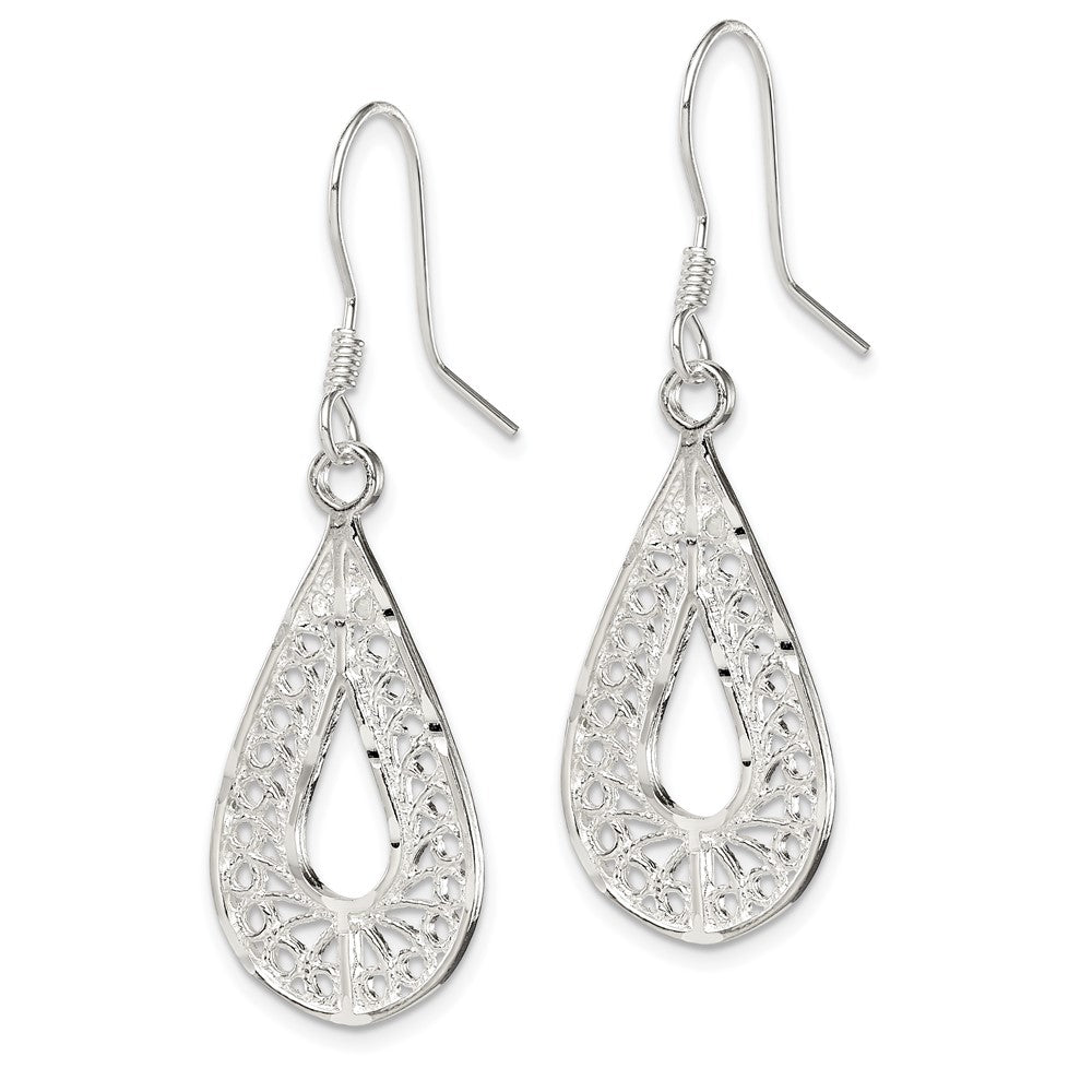 Sterling Silver Polished Textured Diamond-cut Filigree Teardrop Dangle Earrings