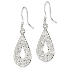 Sterling Silver Polished Textured Diamond-cut Filigree Teardrop Dangle Earrings