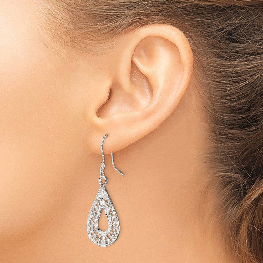 Sterling Silver Polished Textured Diamond-cut Filigree Teardrop Dangle Earrings