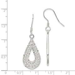 Sterling Silver Polished Textured Diamond-cut Filigree Teardrop Dangle Earrings