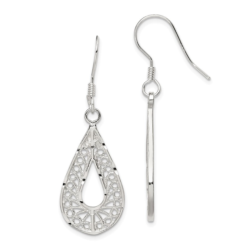 Sterling Silver Polished Textured Diamond-cut Filigree Teardrop Dangle Earrings