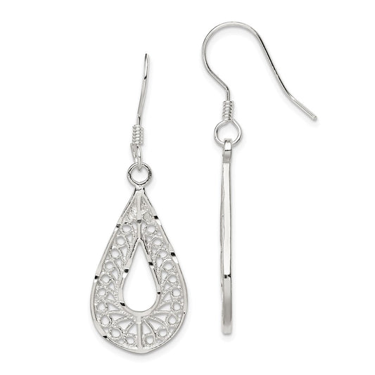 Sterling Silver Polished Textured Diamond-cut Filigree Teardrop Dangle Earrings
