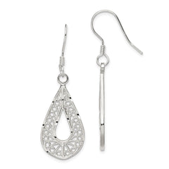 Sterling Silver Polished Textured Diamond-cut Filigree Teardrop Dangle Earrings