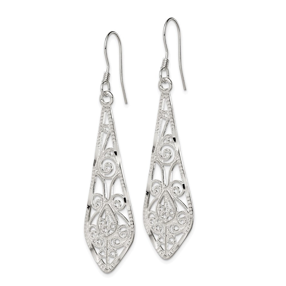 Sterling Silver Polished Diamond-cut Filigree Elongated Teardrop Dangle Earrings