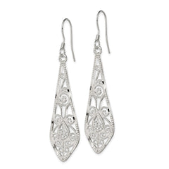 Sterling Silver Polished Diamond-cut Filigree Elongated Teardrop Dangle Earrings