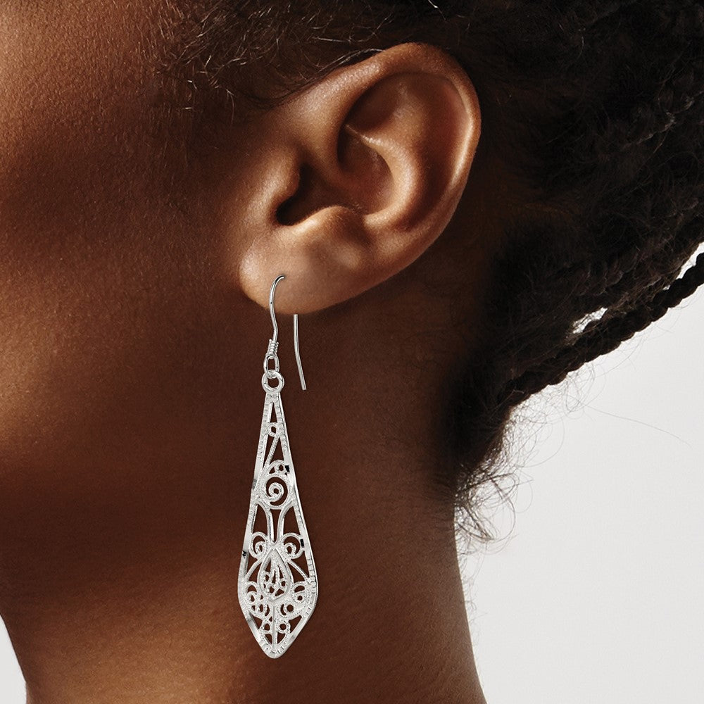Sterling Silver Polished Diamond-cut Filigree Elongated Teardrop Dangle Earrings