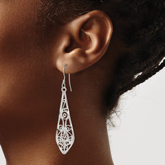 Sterling Silver Polished Diamond-cut Filigree Elongated Teardrop Dangle Earrings