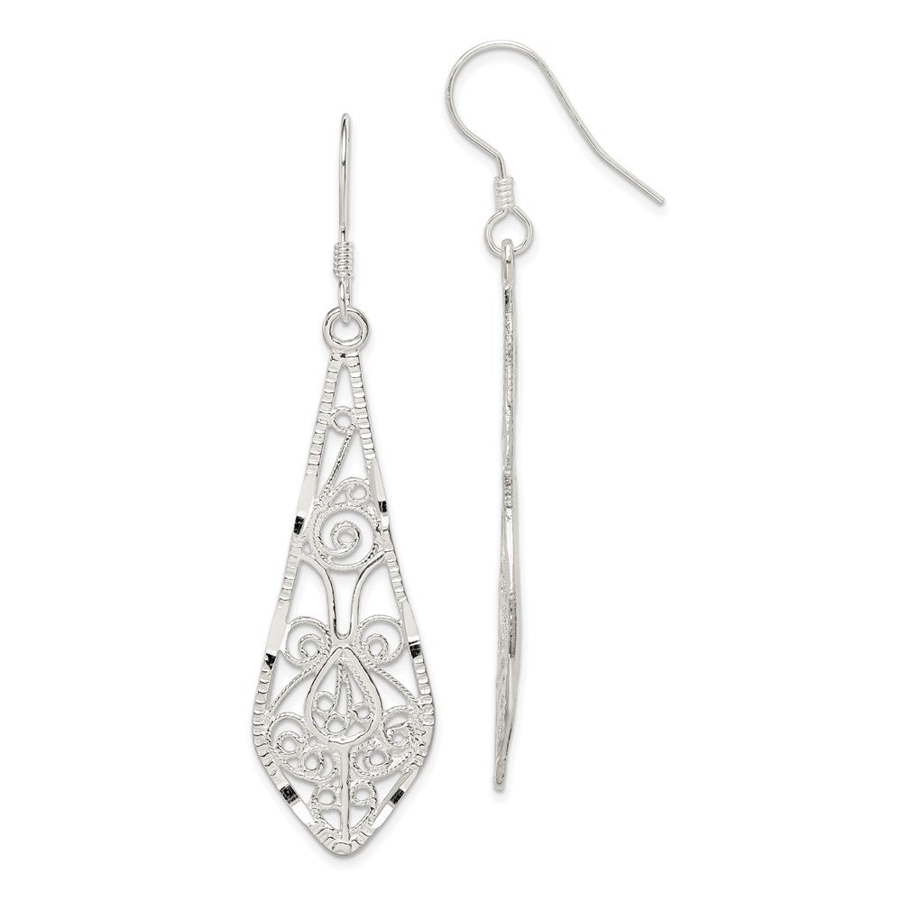 Sterling Silver Polished Diamond-cut Filigree Elongated Teardrop Dangle Earrings