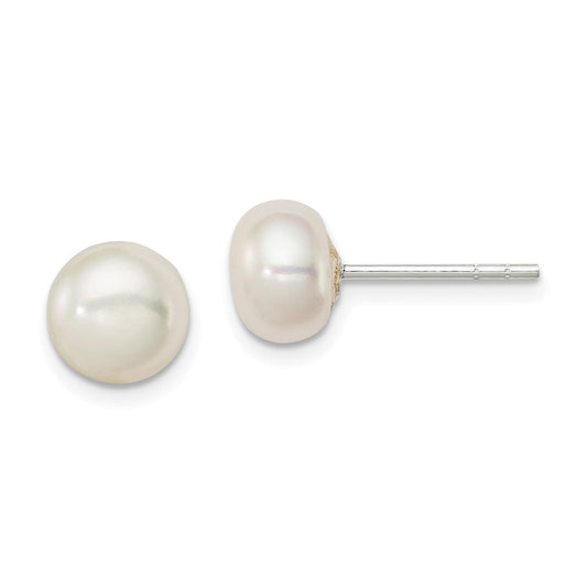 Sterling Silver White FWC Pearl 7-8mm Button Earrings