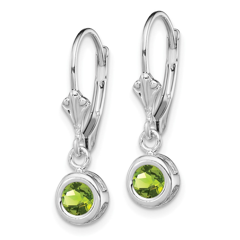 Rhodium-plated Sterling Silver 5mm Round Peridot Leverback Earrings