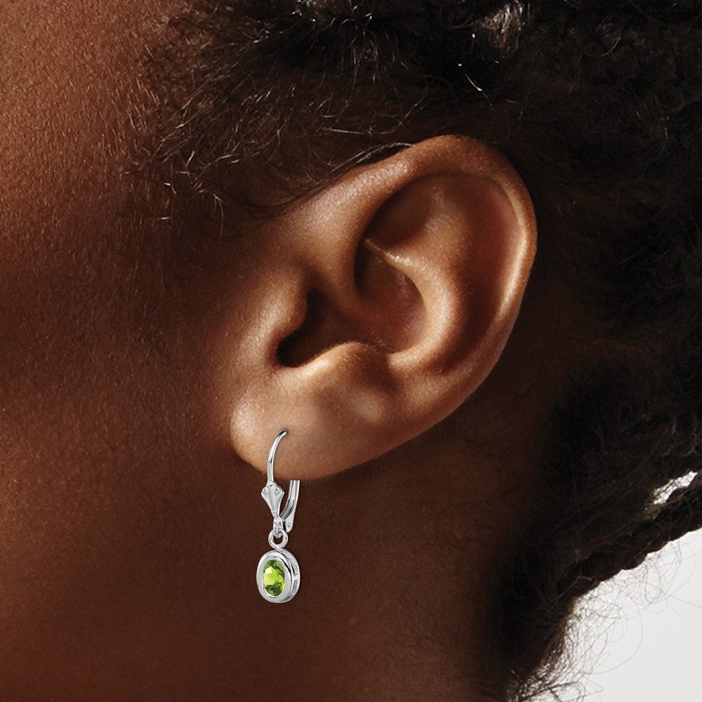 Rhodium-plated Sterling Silver 6x4mm Oval Peridot Leverback Earrings