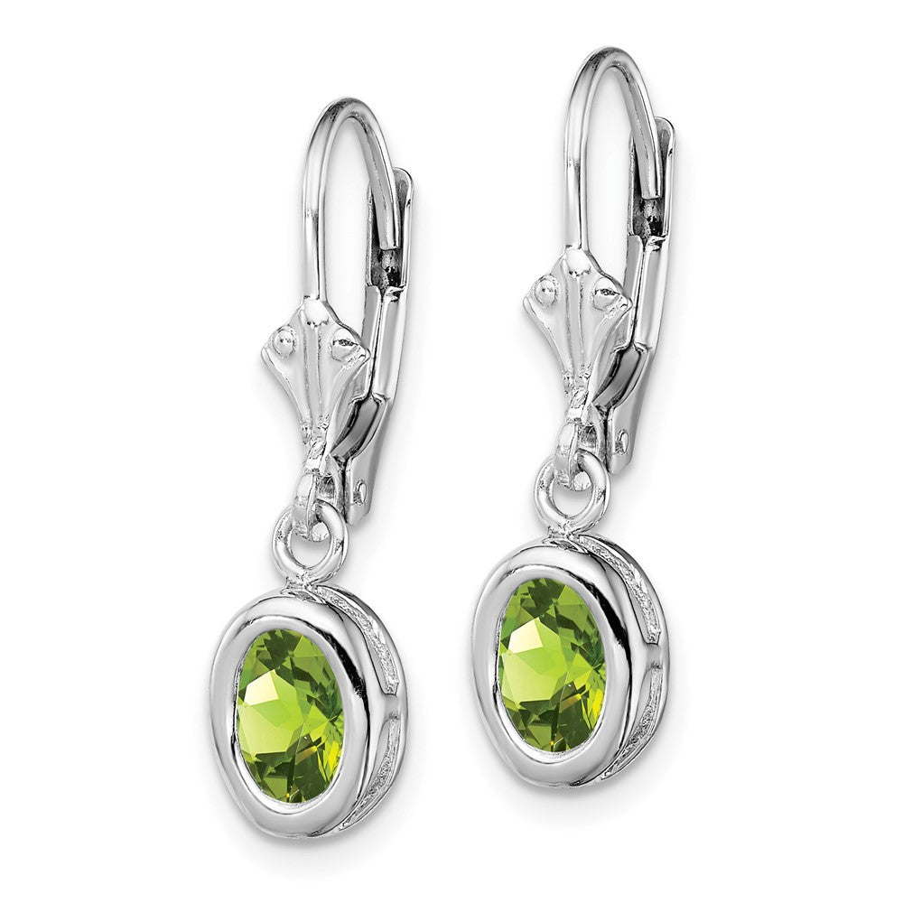 Rhodium-plated Sterling Silver 7x5mm Oval Peridot Leverback Earrings