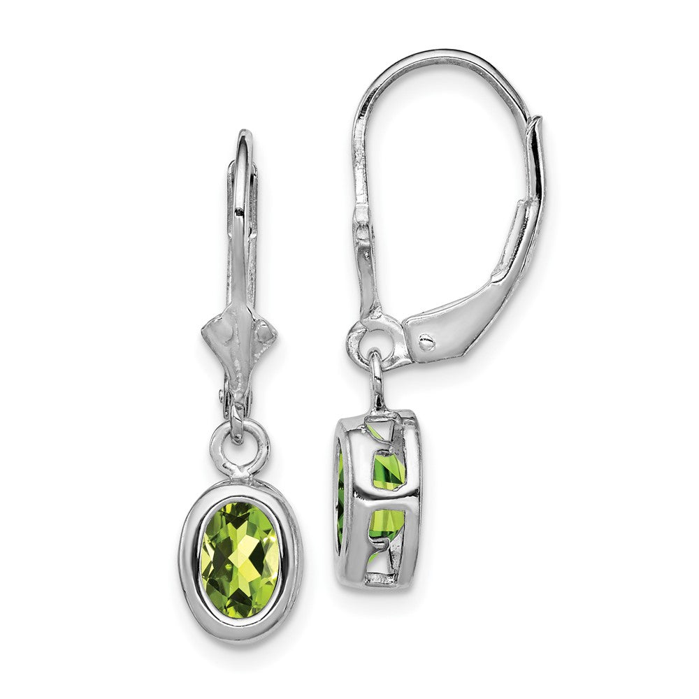 Rhodium-plated Sterling Silver 7x5mm Oval Peridot Leverback Earrings