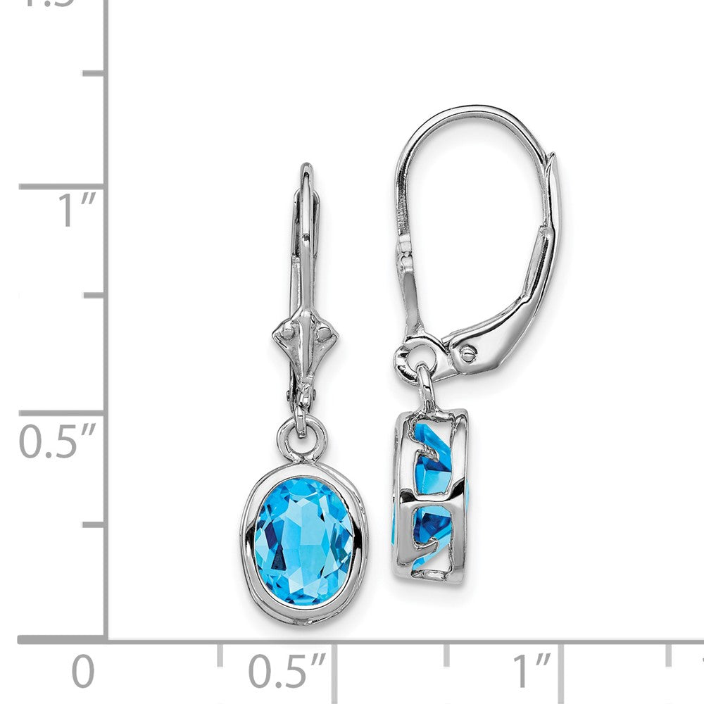 Rhodium-plated Sterling Silver 8x6mm Oval Blue Topaz Leverback Earrings