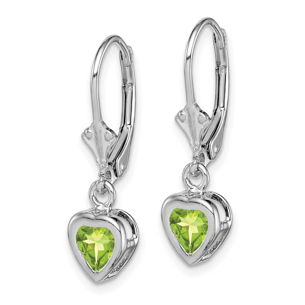 Rhodium-plated Sterling Silver 5mm Heart Peridot Leverback Earrings