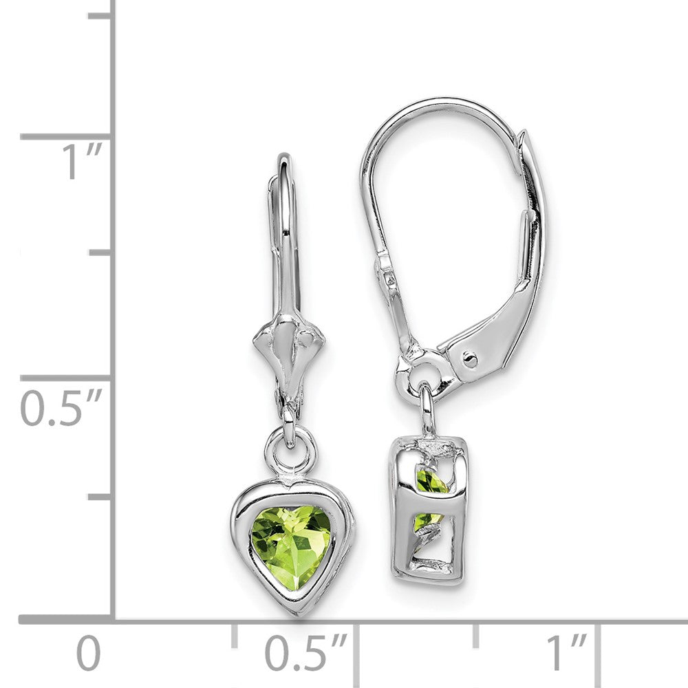 Rhodium-plated Sterling Silver 5mm Heart Peridot Leverback Earrings