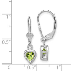 Rhodium-plated Sterling Silver 5mm Heart Peridot Leverback Earrings