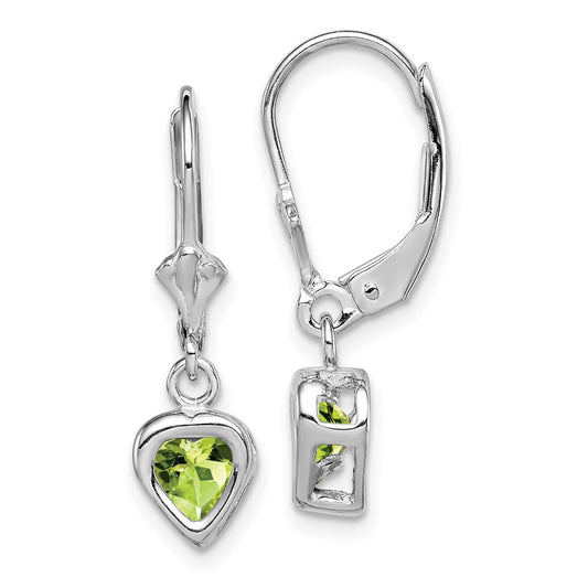 Rhodium-plated Sterling Silver 5mm Heart Peridot Leverback Earrings