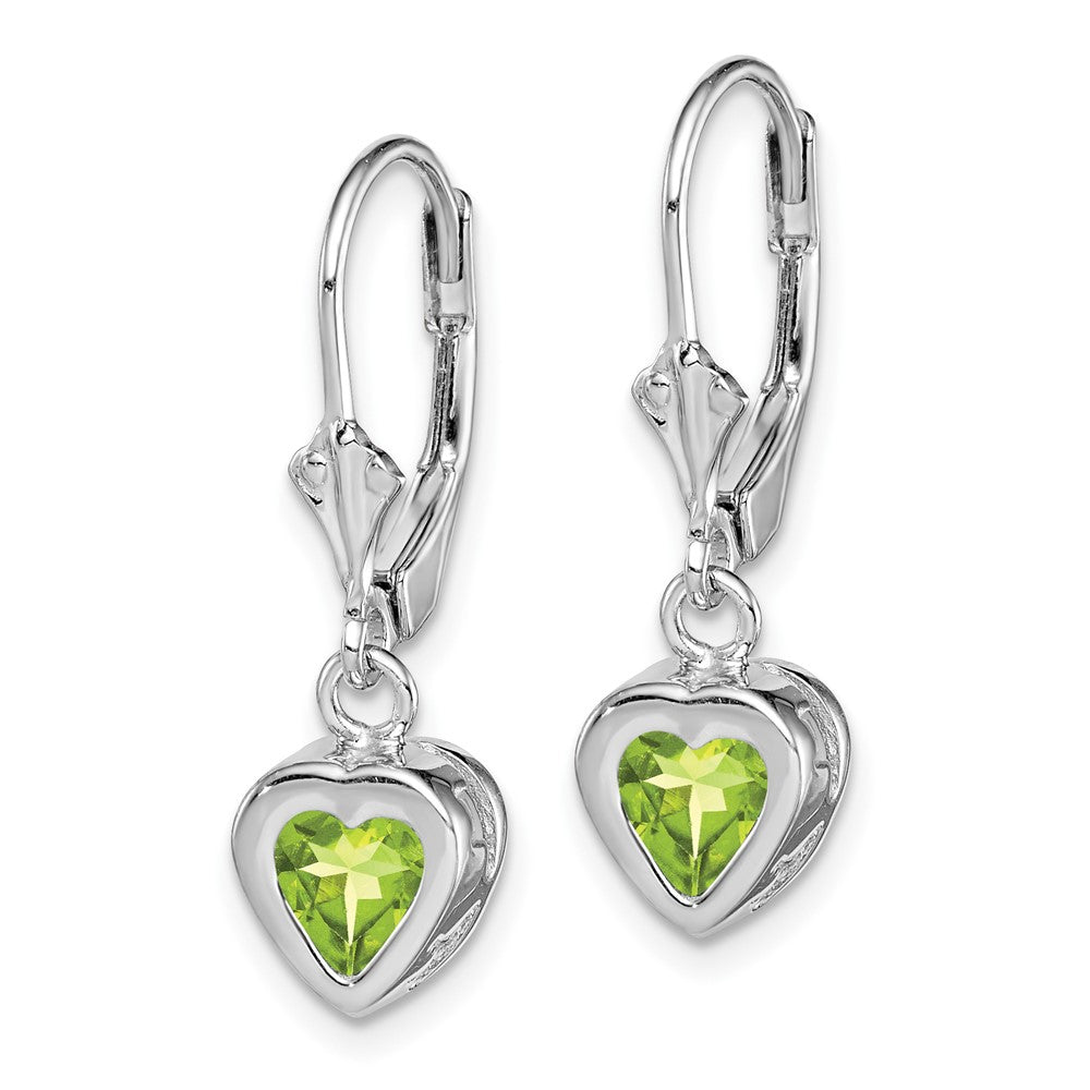 Rhodium-plated Sterling Silver 6mm Heart Peridot Leverback Earrings