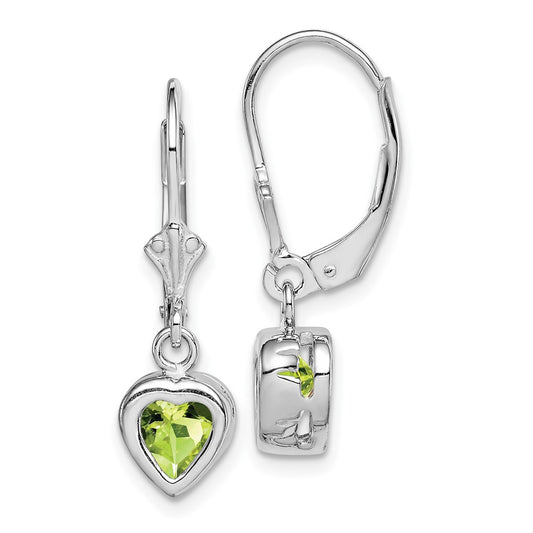 Rhodium-plated Sterling Silver 6mm Heart Peridot Leverback Earrings
