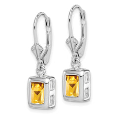 Rhodium-plated Sterling Silver 7x5 Emerald-cut Citrine Leverback Earrings