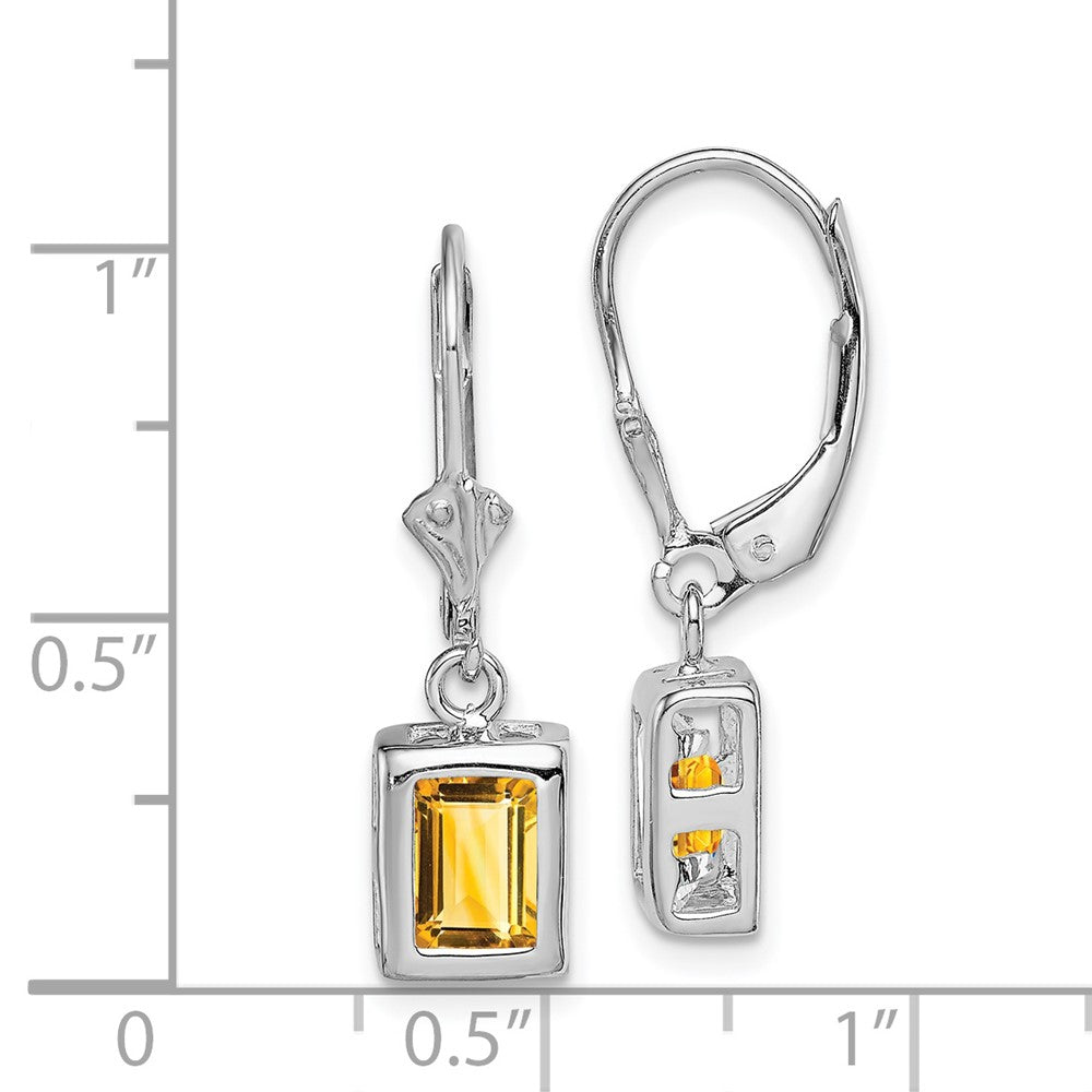 Rhodium-plated Sterling Silver 7x5 Emerald-cut Citrine Leverback Earrings