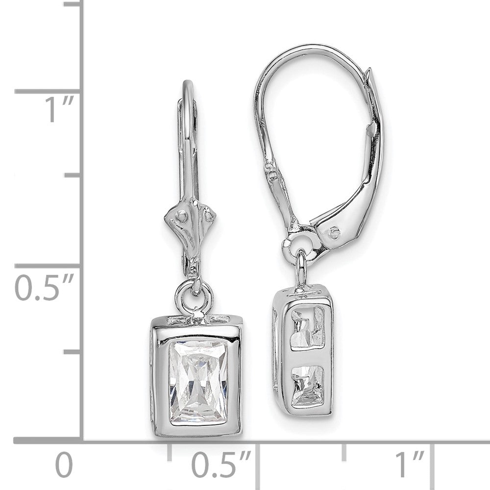 Rhodium-plated Sterling Silver 7x5 Emerald-cut CZ Leverback Earrings