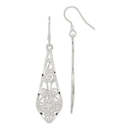 Sterling Silver Polished Diamond-cut Filigree Elongated Teardrop Dangle Earrings