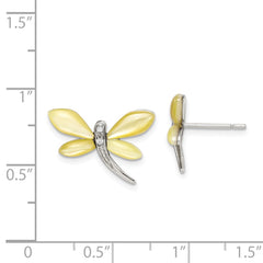 Sterling Silver CZ Yellow Mother of Pearl Dragonfly Earrings