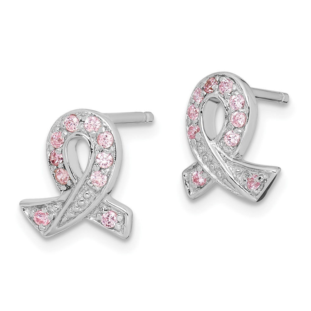 Sterling Silver Pink CZ Ribbon Earrings